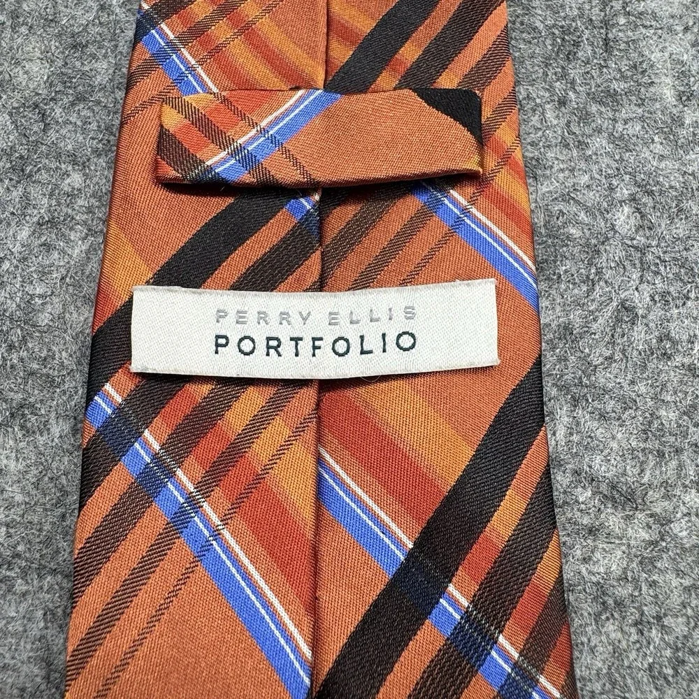 Perry Ellis Silk Tie Men's‎ Orange Blue Black Plaid 100% Silk Classic Business